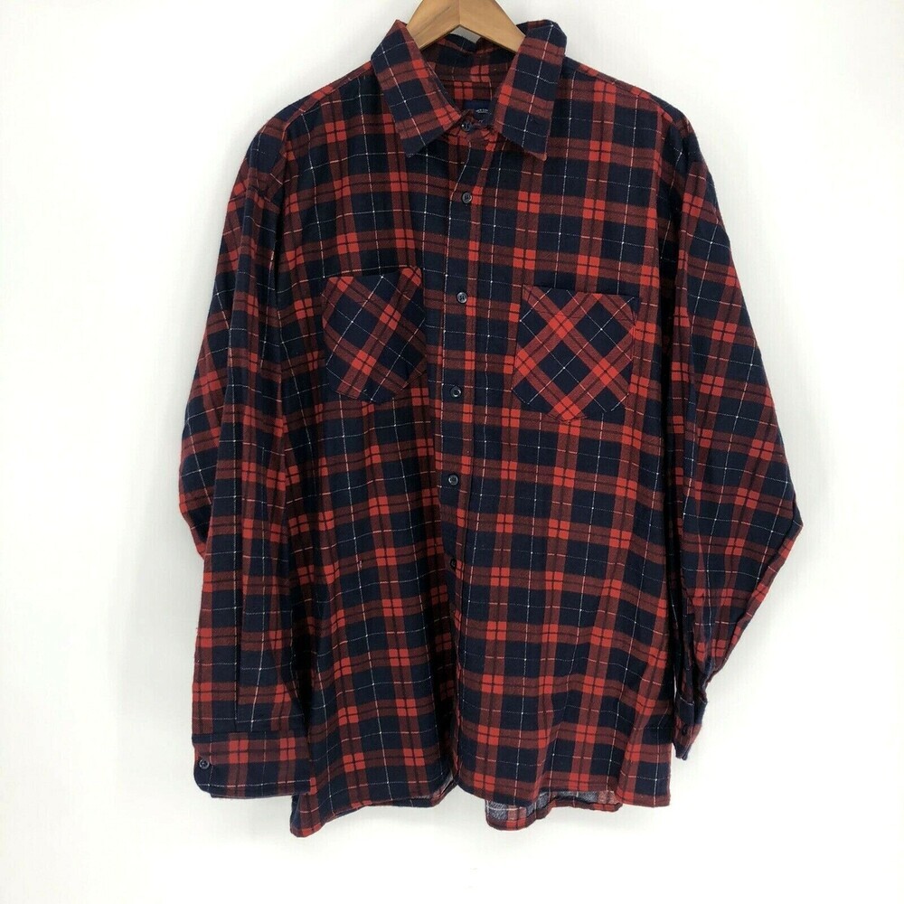 Saugatuck Dry Goods Navy Blue/Red Plaid Button Down Flannel Shirt Mens Size XL